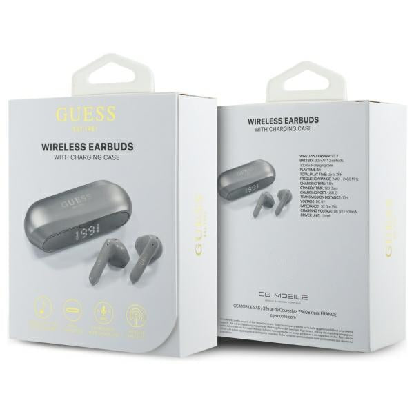 Guess - Wireless Earbuds Elongated Metallic Printed Logo (GUTWSC2MCDSE) - In-Ear, Bluetooth 5.3, TWS, IPX6, USB-C - Grey